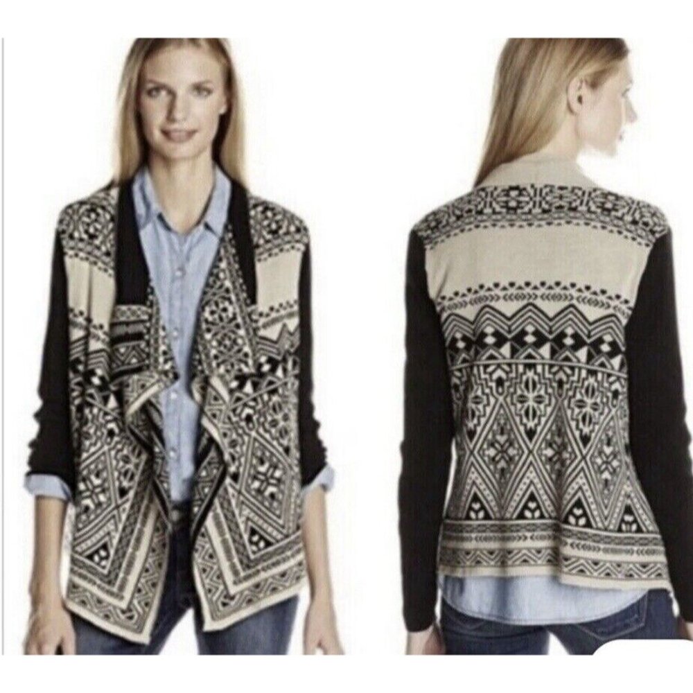 Lucky Brand Women Black / Beige Waterfall Wrap Open Cardigan Sweater Size Large - Picture 2 of 13